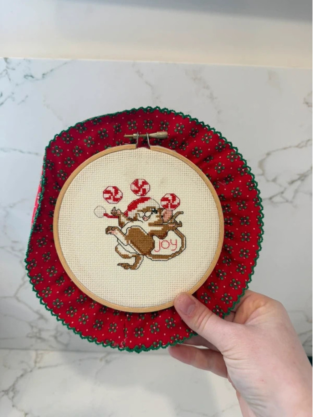 Vintage Handmade Christmas Mouse Cross Stitch Hoop Wall Decor